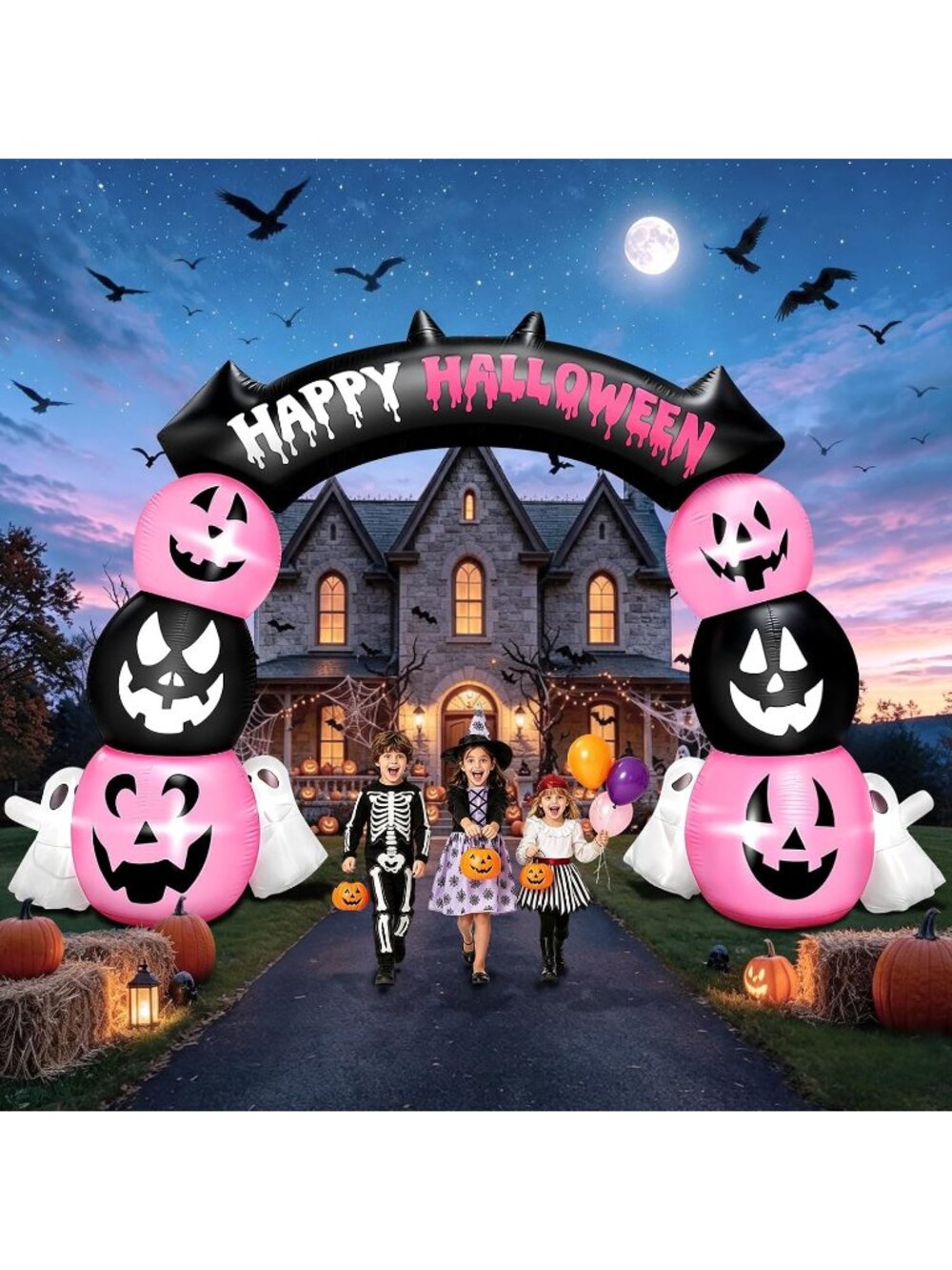 10FT Halloween Inflatable Archway Pink Ghost Outdoors Decor Pink Black Ghost